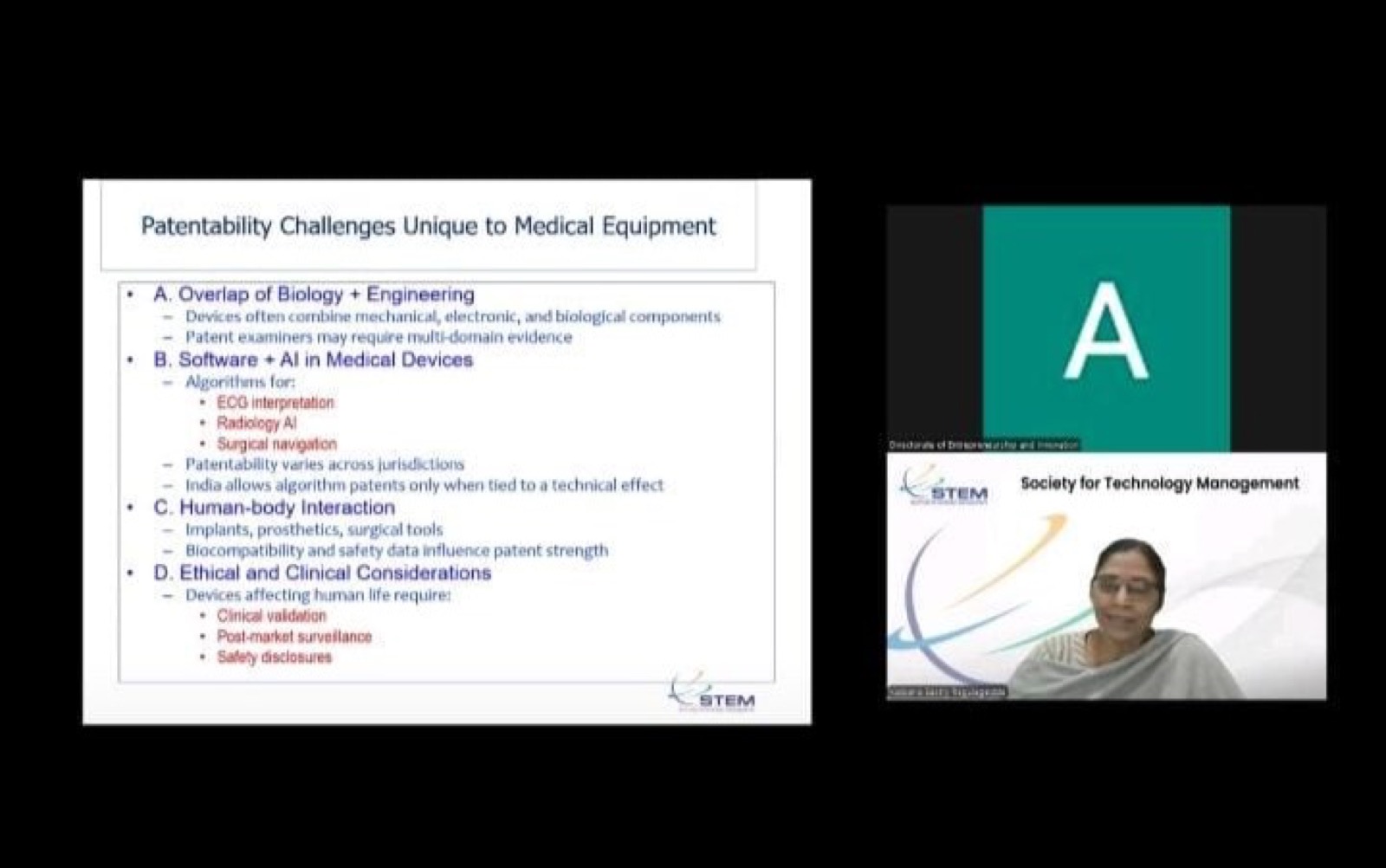 Dr. Kalpana Sastry Regulagedda presenting on patentability challenges unique to medical equipment