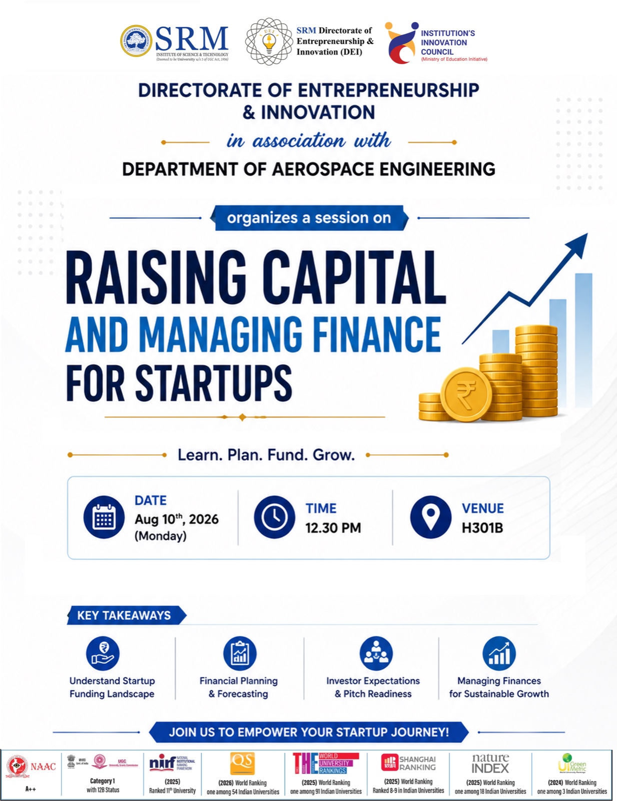 Event poster for the session on Raising Capital and Managing Finance for Startups, 10 August 2026