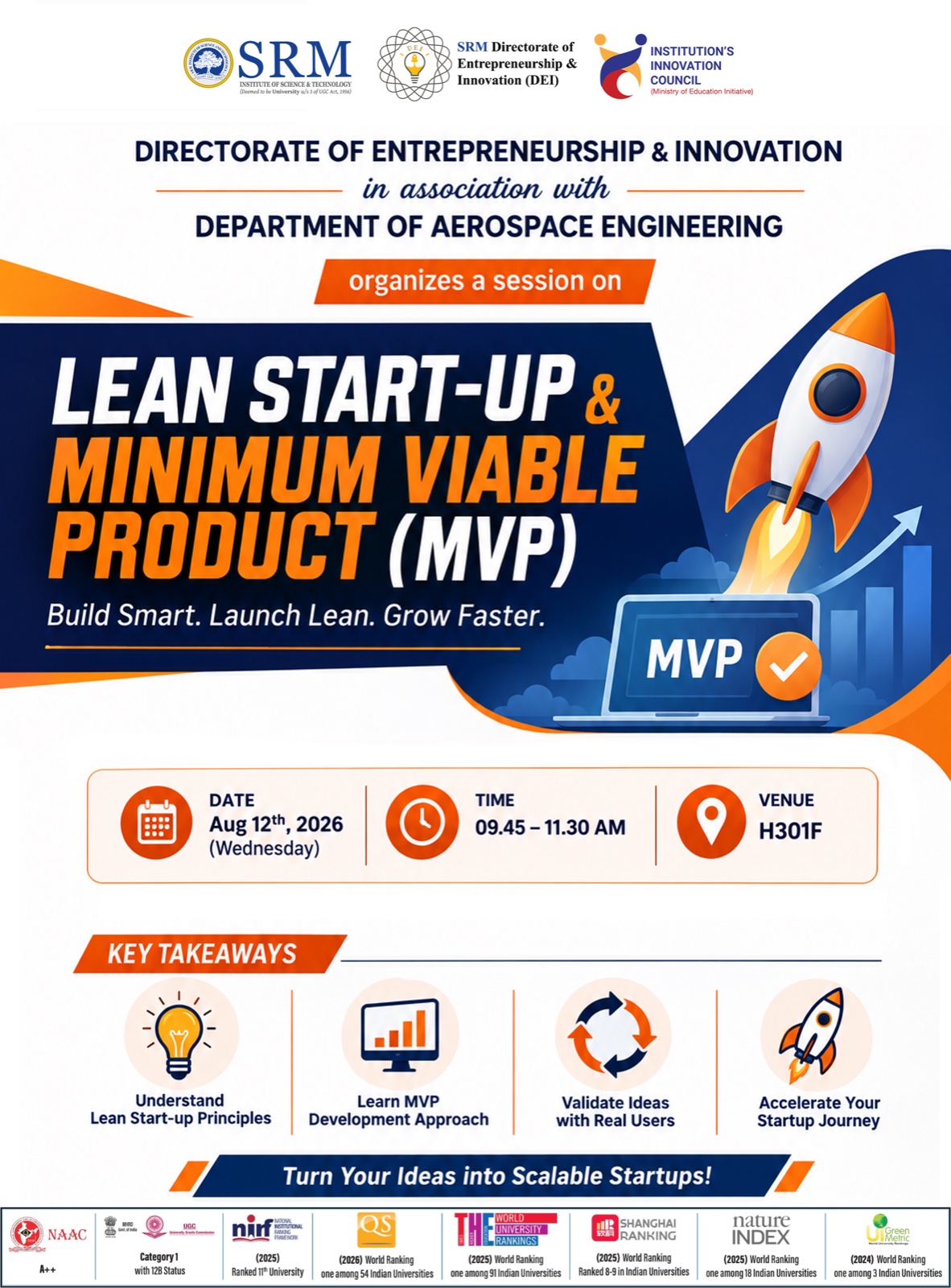 Event poster for the Lean Start-Up and Minimum Viable Product session, 12 August 2026